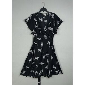 Unique Vintage Dress Womens Large Black Zebra Print Wrap Ruffle Tie Waist Midi